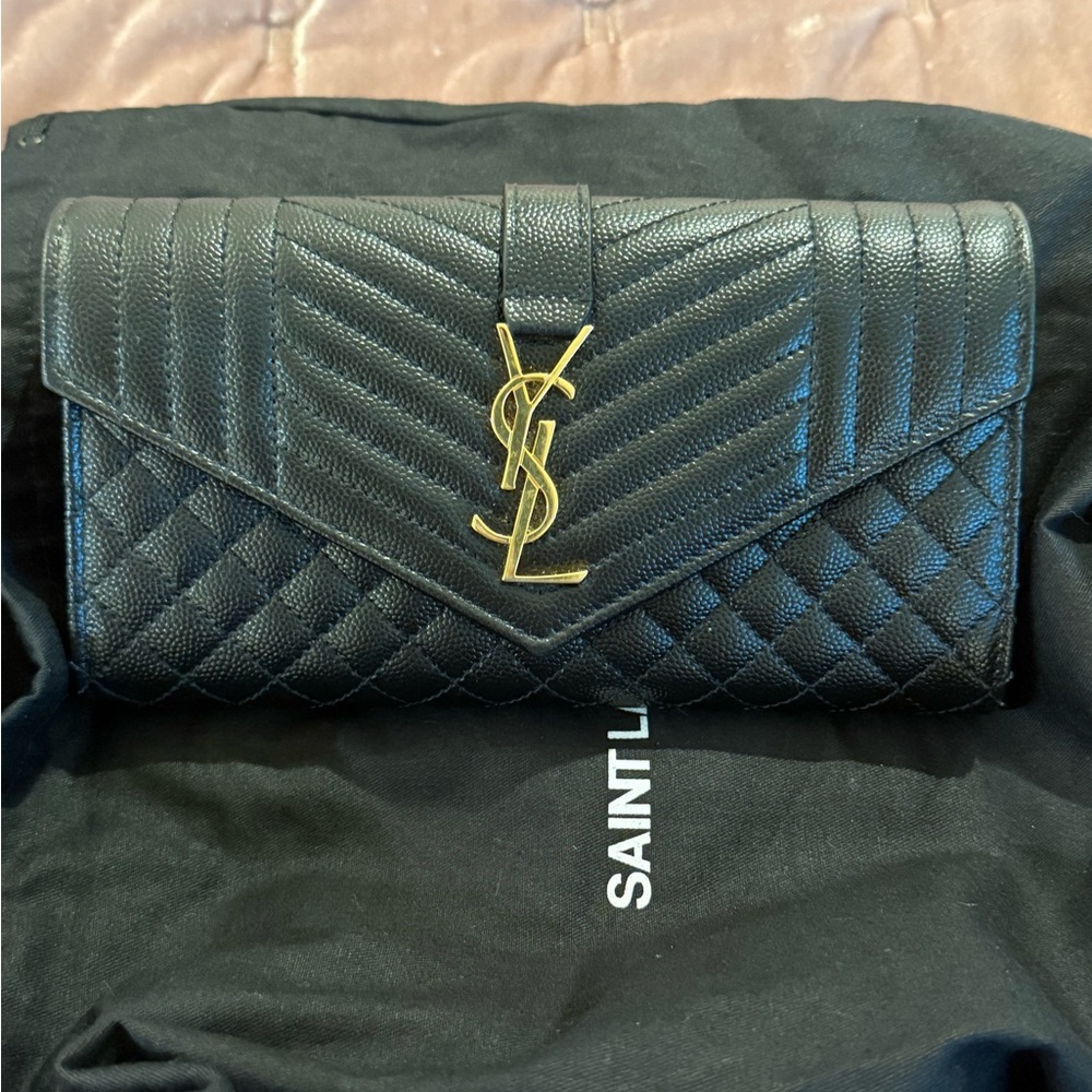 Saint Laurent Black Quilted Leather Wallet with Gold Logo